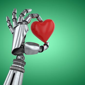 3d image of robot hand holding red heard shape decoration against green vignette