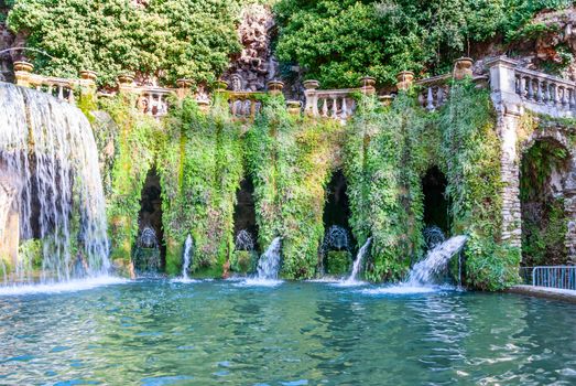 Villa D Este gardens in Tivoli - Oval Fountain or Fontana del Ovato local landmark of Tivoli near Rome - Lazio region - Italy .