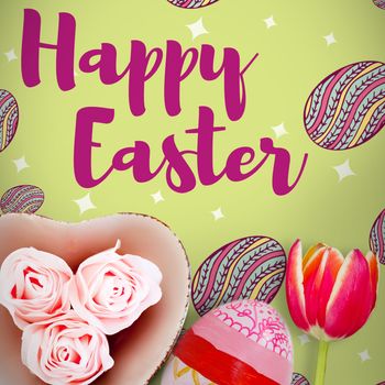 Easter greeting against painted easter eggs on white background