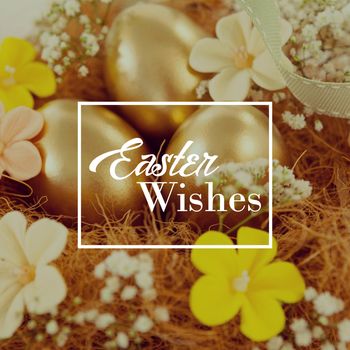 Easter greeting against golden easter eggs with flowers in nest