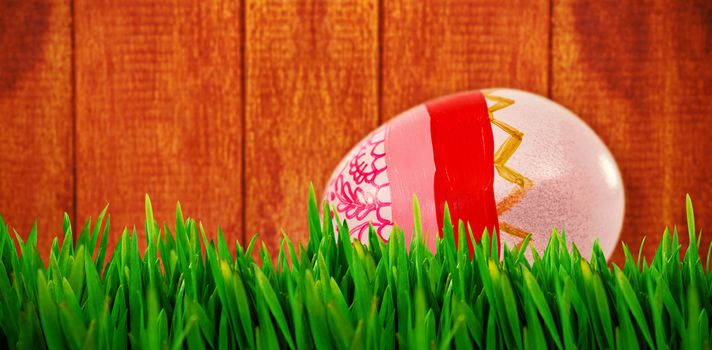 Grass growing outdoors against painted easter eggs on white background