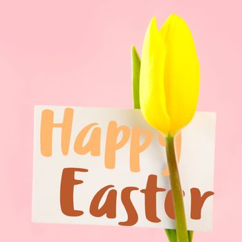 Happy easter logo against tulip with card