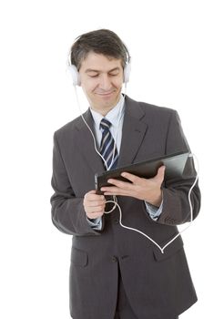 businessman working with tablet pc and headphones, isolated