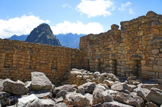 Closeup of the ruins of a building at Machu Picchu, Peru