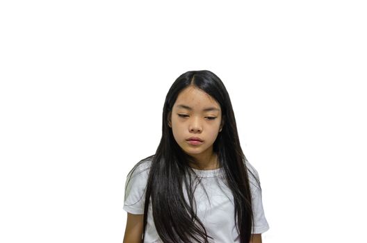 An Asian long haired girl is ill with the flu. On a white background.Clipping path
