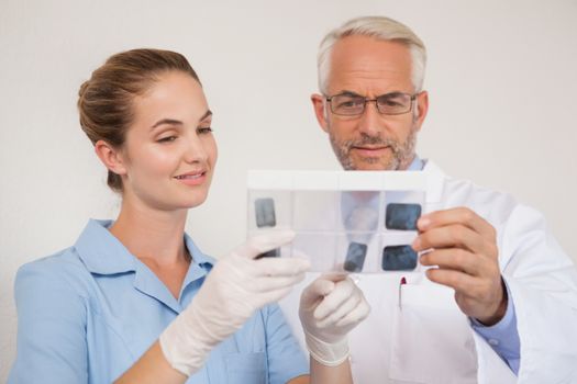 Dentist and assistant studying x-rays at the dental clinic