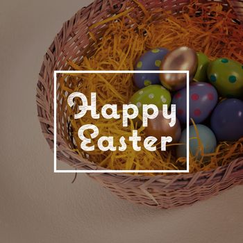 happy easter against various easter eggs in wicker basket