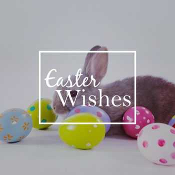Easter greeting against colorful easter eggs and easter bunny