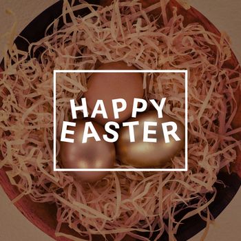 Easter greeting against golden easter eggs in bowl