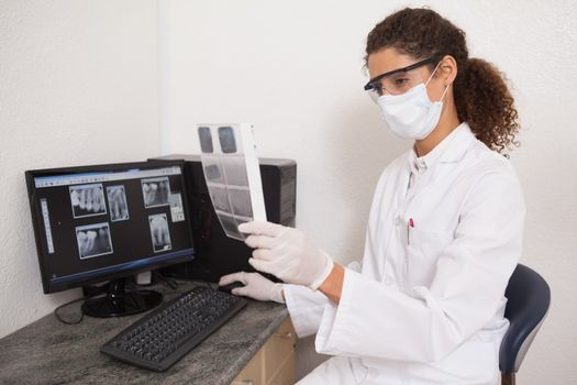 Dentist examining xrays on computer at the dental clinic