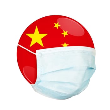 China icon flag with medical mask on white background. Concept of corona virus.