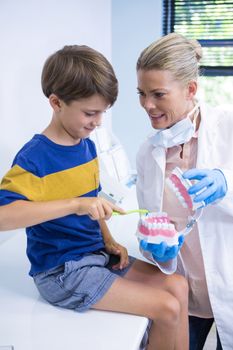 Happy dentist teaching boy brushing teeth of dental mold at clinic