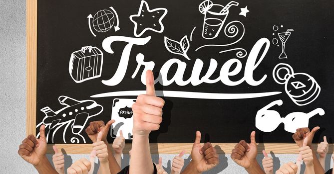 Digital composite of Thumbs up travel on a blackboard