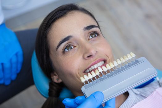 Overhead view of dentist holding medical equipment while examining woman at clinic