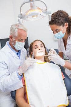 Dentist examining a patients teeth in the dentists chair with assistant at the dental clinic