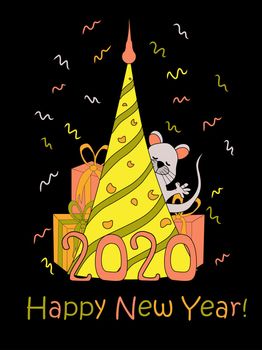 New Year's card for children. Mouse and Christmas tree. Holiday Christmas and New Year. Symbol of 2020. Confetti