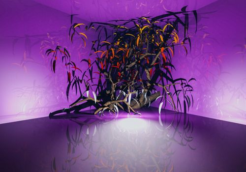 3d image of abstract textured purple scene with decorative branches that are on the illuminated podium