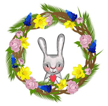 Easter wreath with spring flowers. Lettering spring. Element for the design of spring banners and posters. Isolated on a white background.