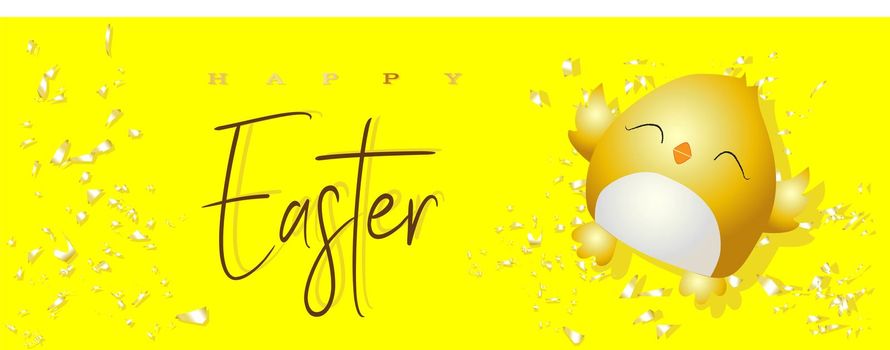 Easter poster and banner template with Easter chicken on a bright yellow background .. Greetings and gifts for Easter Day. Promotion and shopping template for easter day. .