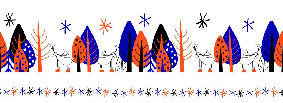 Seamless border, repeating ribbon. Blue and orange colors. Cute cartoon trees on a white background.