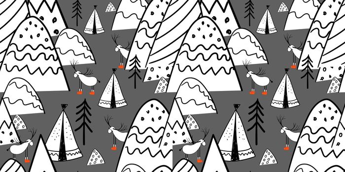 Northern forest. Illustration in folk style. Stylized mountains. Scandinavian print. Line drawing. Seamless pattern for kids.