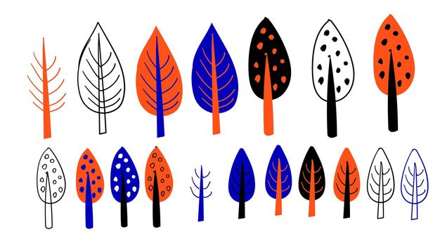 Large set of design elements isolated on white background. Cartoon trees. Multi-colored bushes on a white background.