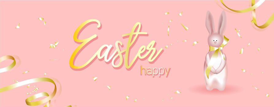 Horizontal banner, poster, header website. illustration.Easter holiday banner. Easter design with realistic holiday items, sparkling garland lights, a rabbit, a ribbon, shiny golden confetti.