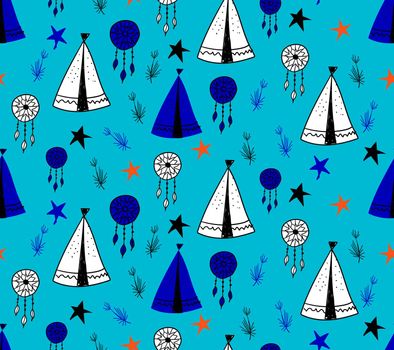 Seamless pattern in Scandinavian style for children .. Cute cartoon trees and tents on a blue background. Wigwam for the Indians. Drawings for boys