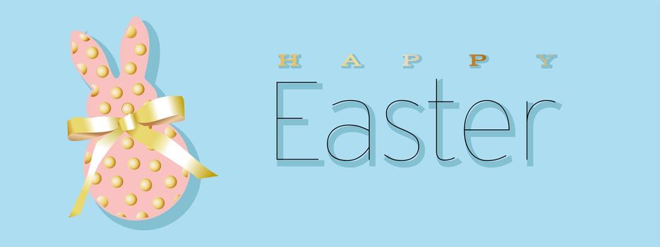 Easter banner. Horizontal poster, postcard, website headers, background with text happy easter. Bunny rabbit with a bow from a gold ribbon on a blue background. Elegant Design with realistic objects..