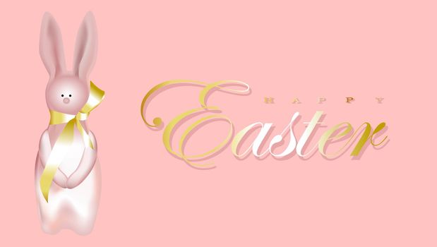 Horizontal banner, poster, header website. illustration.Easter holiday banner. Easter design with realistic holiday items, sparkling garland lights, a rabbit, a ribbon, shiny golden confetti.