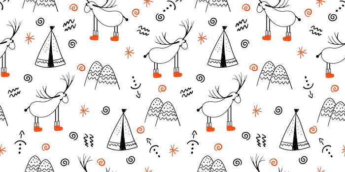Seamless light pattern with deers and trees. Scandinavian style drawing. Linear art. Black-white illustration. Hello winter.