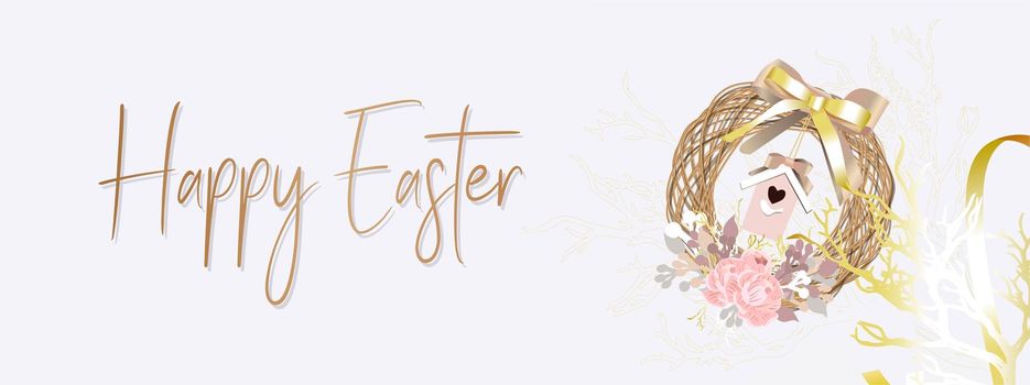 Easter banner. horizontal poster, postcard, background with text Happy Easter. Spring wreath on a gray background. elegant. Gold ribbons and confetti. Design with realistic objects. Christian religion