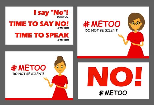 Set of posters and cards. The hashtag is me too. Say no to violence against women. Harassment. Feminism. Sexual rape