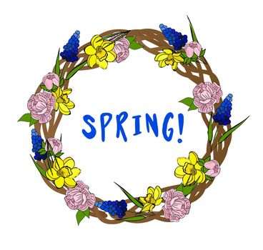 Spring wreath. Easter decoration. Sprigs of flowers and palm leaves. Palm Sunday. Religion. Christianity.
