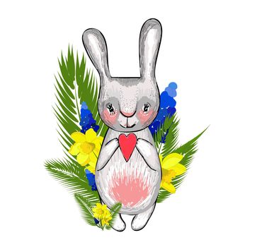 Easter bunny with spring flowers. Element for the design of spring banners and posters. Isolated on a white background.