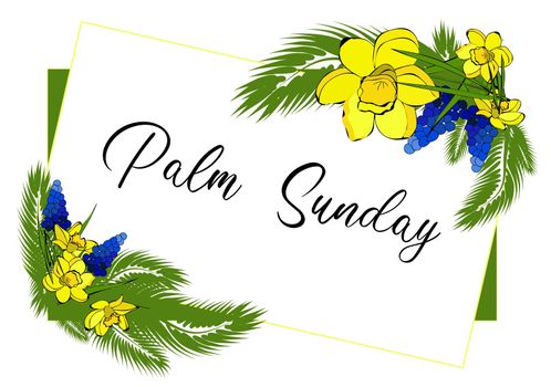Greeting card for Palm Sunday. Christian religion. Spring flowers