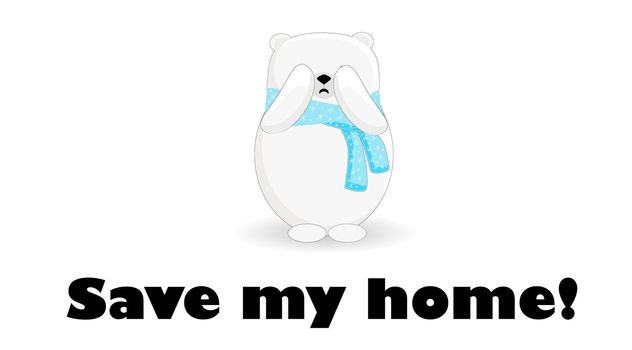 Save my house. Northern polar bear is crying. Melting glaciers. Bear character on a white background.