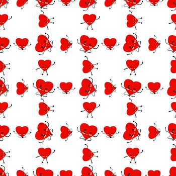 Valentine's day pattern. Red hearts on a white background illustration. Heart cute character. Cartoon style. Love and friendship. Textile and wrapping paper design.