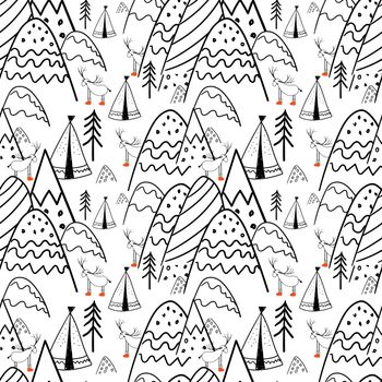 Northern forest. Illustration in folk style. Stylized mountains. Scandinavian print. Line drawing. Seamless pattern for kids.