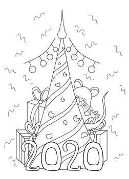 mouse coloring 2020. YEAR Krysy. YEAR OF MOUSE. New Year. Children's coloring book.
