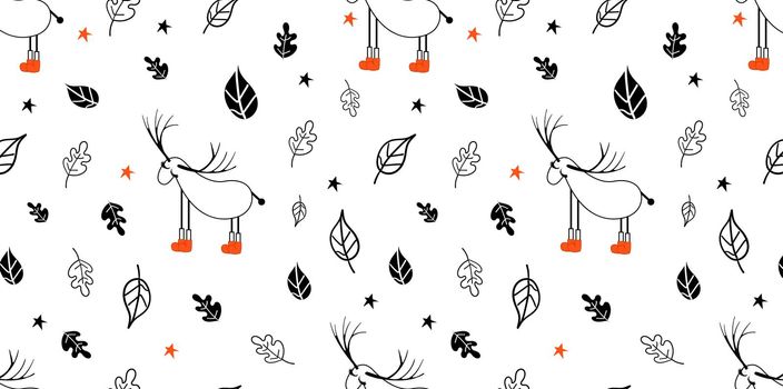 Seamless light pattern with deers and trees. Scandinavian style drawing. Linear art. Black-white illustration. Hello winter.