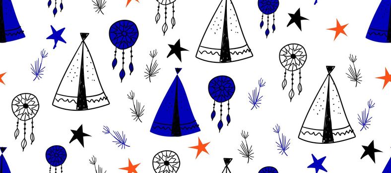 Seamless pattern in Scandinavian style for children .. Cute cartoon trees and tents on a blue background. Wigwam for the Indians. Drawings for boys