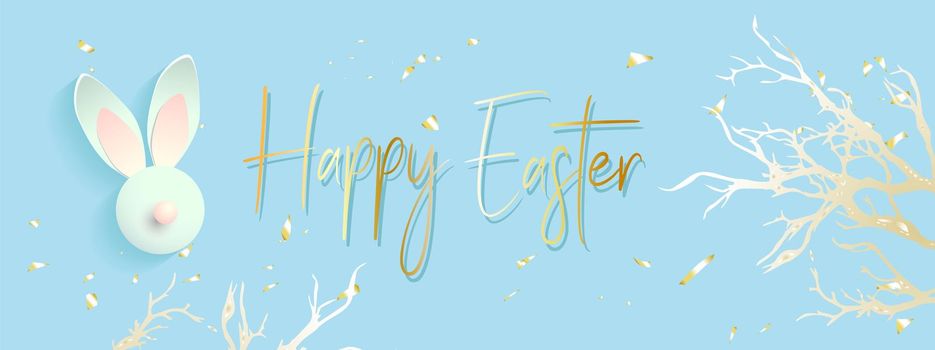 Easter banner background template with beautiful colorful spring rabbits. illustration. Easter background with realistic objects, golden metal confetti, decorative branch. Spring traditional de