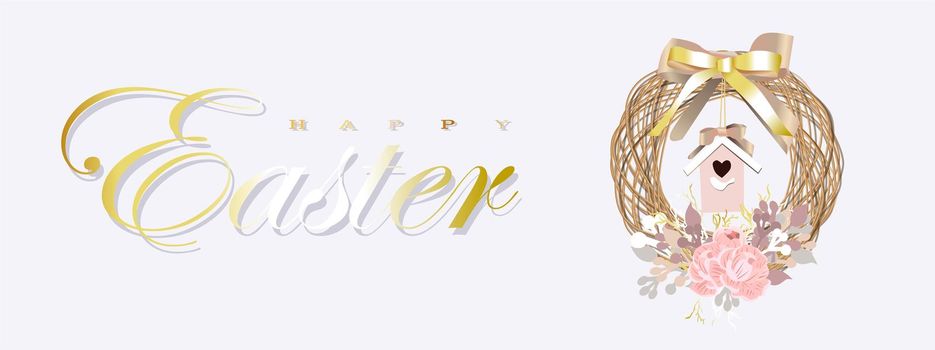 Easter banner. horizontal poster, postcard, background with text Happy Easter. Spring wreath on a gray background. elegant. Gold ribbons and confetti. Design with realistic objects. Christian religion
