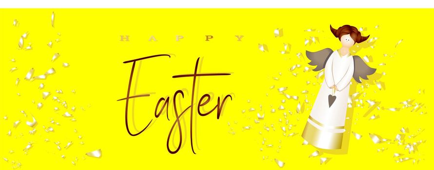Easter poster and banner template with angel on a bright yellow background. Congratulations and gifts for Easter. Promotion and shopping template. Golden Confetti. Modern design