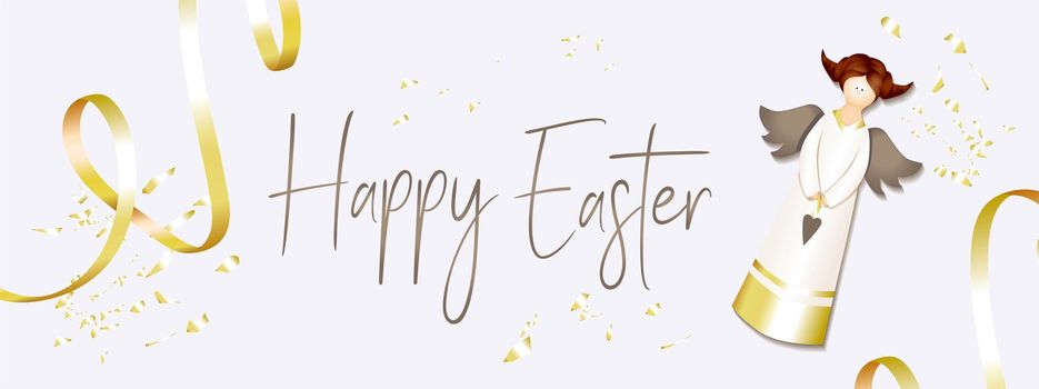 Easter banner. Horizontal poster, postcard, website headers, background with text happy easter. Angel on a light background. Elegant Design with realistic objects..