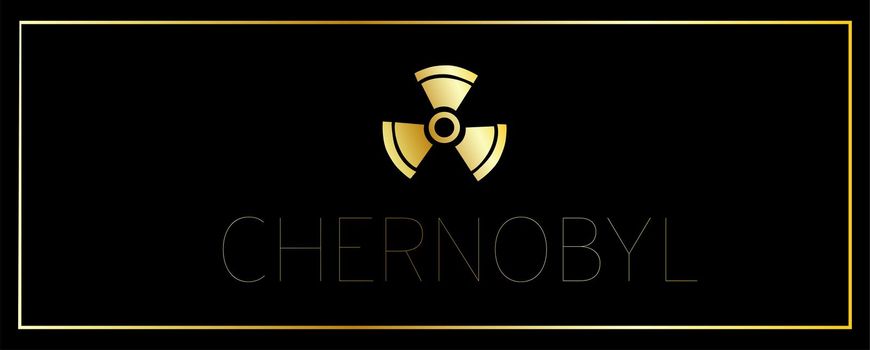 Horizontal black banner. Theme of Chernobyl. Pripyat. Chernobyl disaster. Ukraine. The nuclear reactor exploded. Radiation sign.