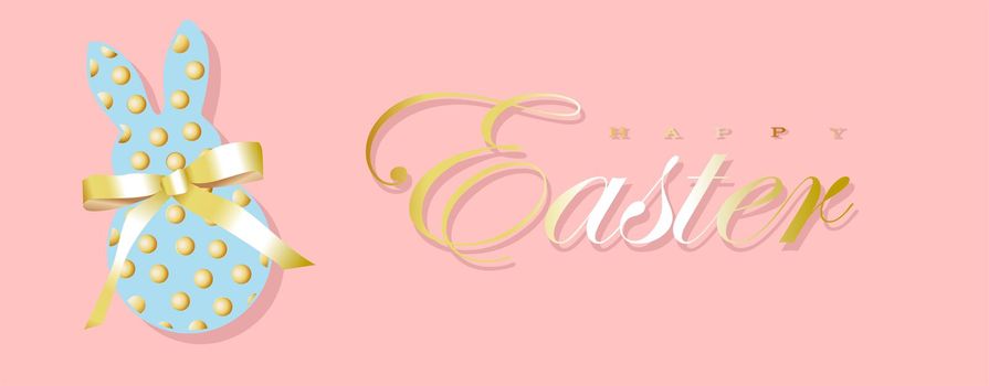 Easter banner. Easter background design of sparkling garland lights, with a realistic bunny or rabbit figurine sparkling with golden confetti. Horizontal easter poster, postcard, header, website. Top