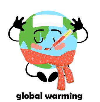 Global warming. Rising planet temperature. Earth Climate Change. Catastrophe. Banner on the topic of environmental issues. Planet earth character isolated on white background.