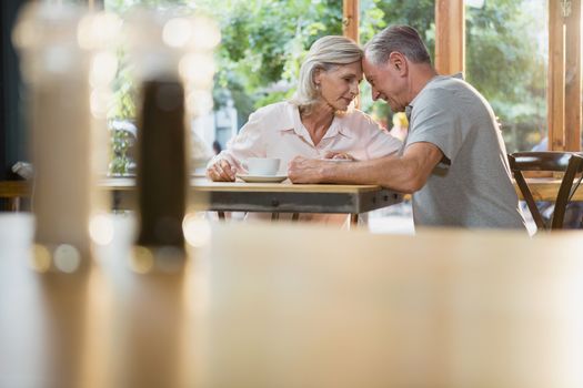 Romantic senior couple sitting together in cafÃ©